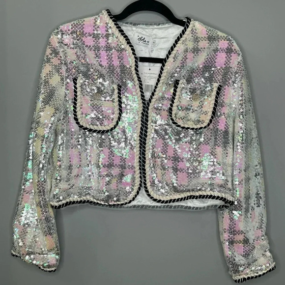 NWT Lola + The Boys Shimmer Sequin Houndstooth Bomber Jacket Silver Size Small - Picture 4 of 8